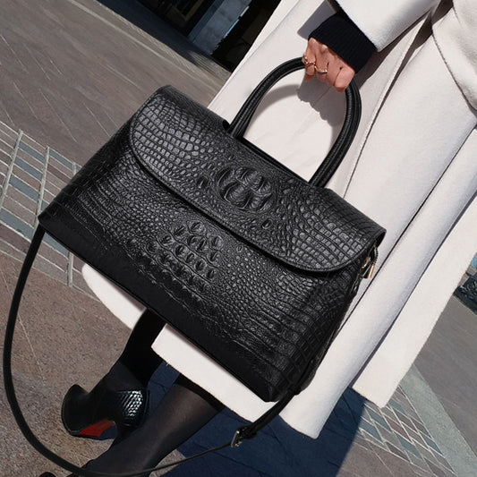 Women's First Layer Cowhide Crocodile Pattern Portable Black Women's Handbag