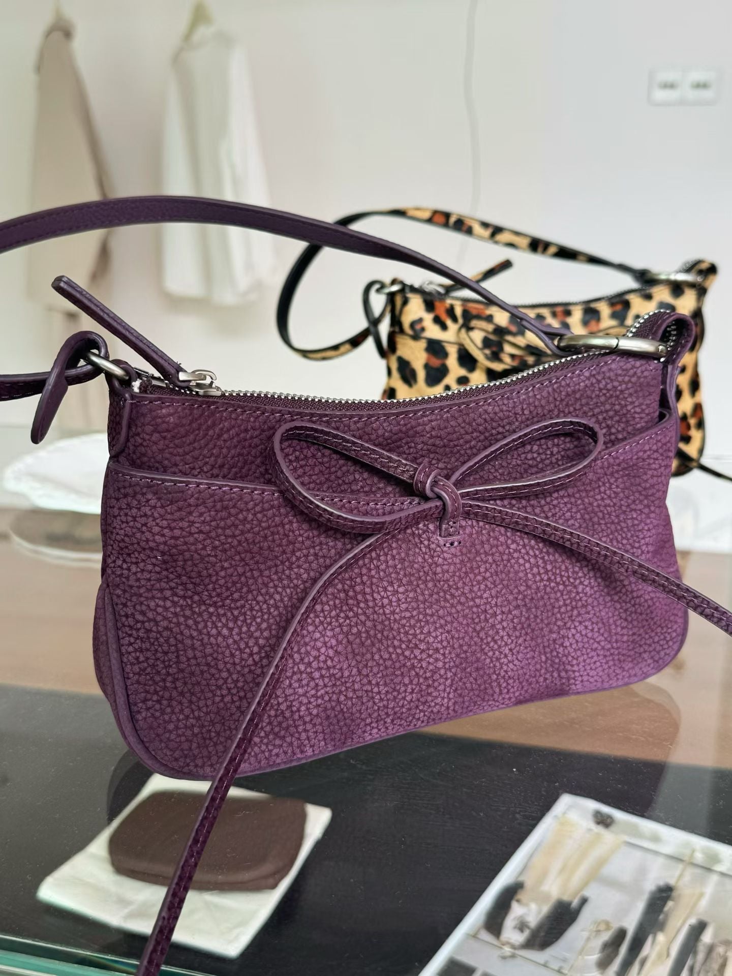 Spring Bow Top Layer Cowhide Underarm Leopard Print Horse Fur Small Square Bags