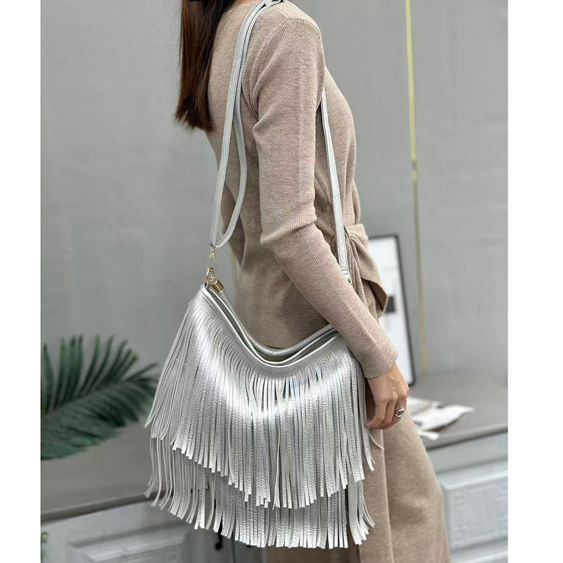 Fashion Personality Tassel Large Capacity Summer Bright Sier Gold Trendy Bags