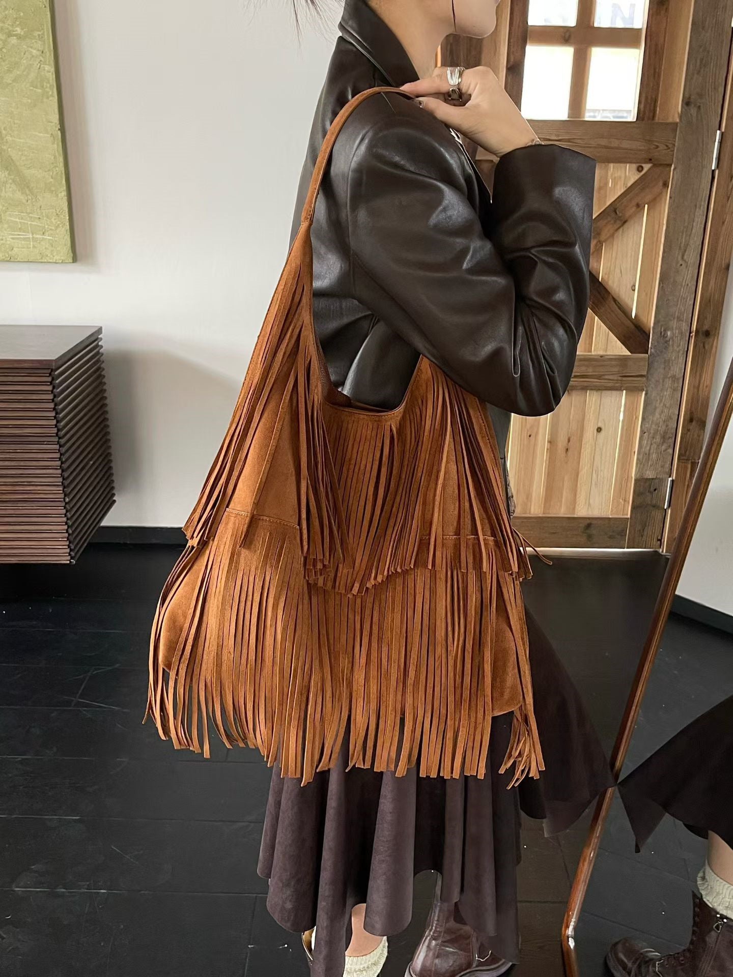 Women's Style Vintage Cowhide Tassel Niche Underarm Suede Bags