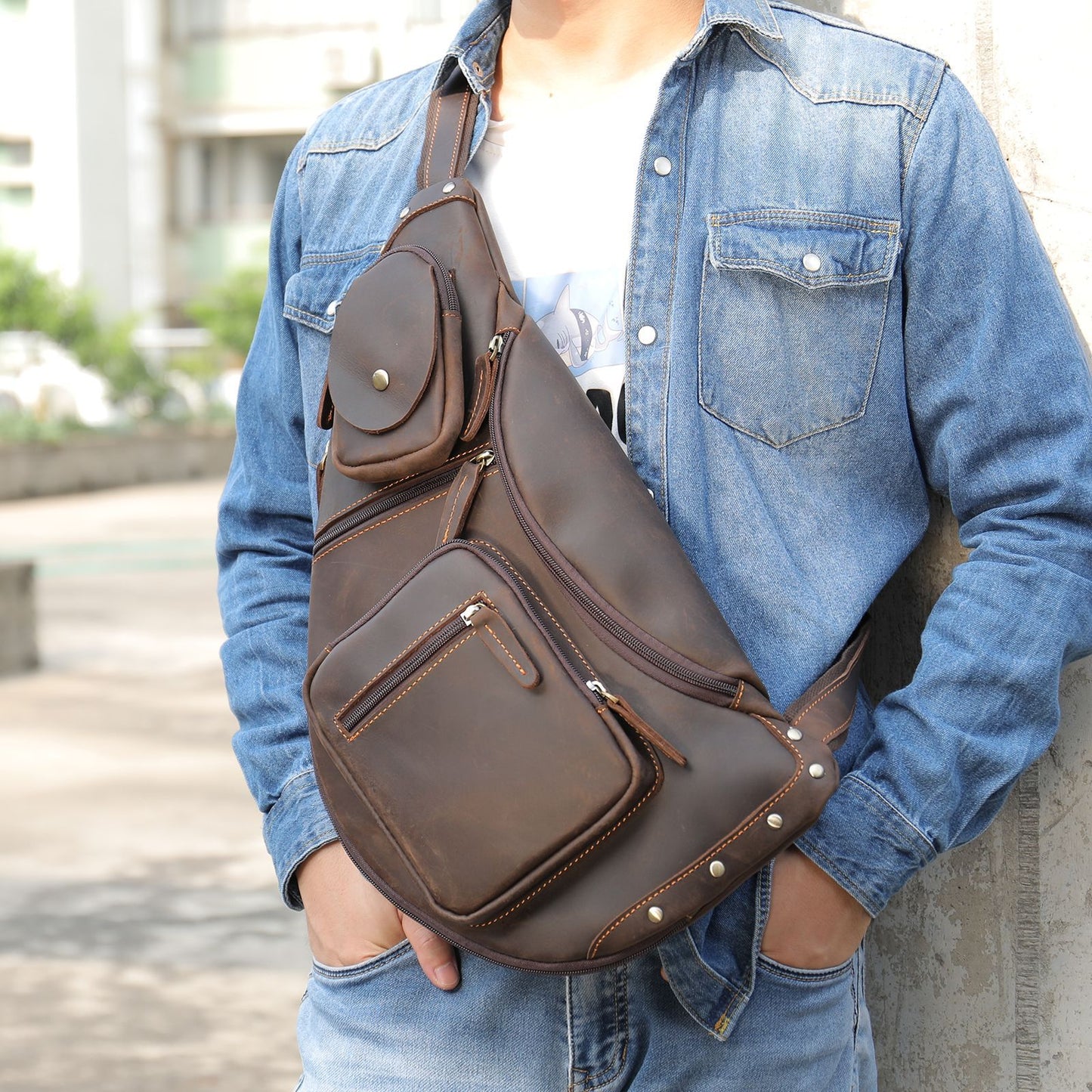 Men's Fashion Leather High-grade Retro Handmade Large Capacity Men's Chest Bag