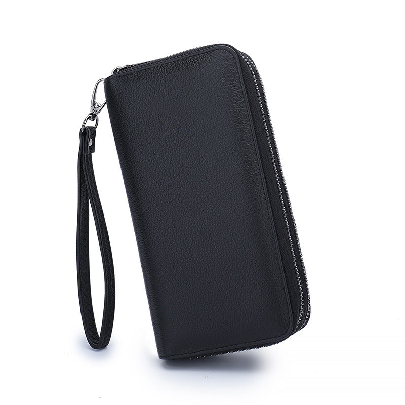 Men's Leather First Layer Cowhide Large Capacity Double Zipper Men's Wallet