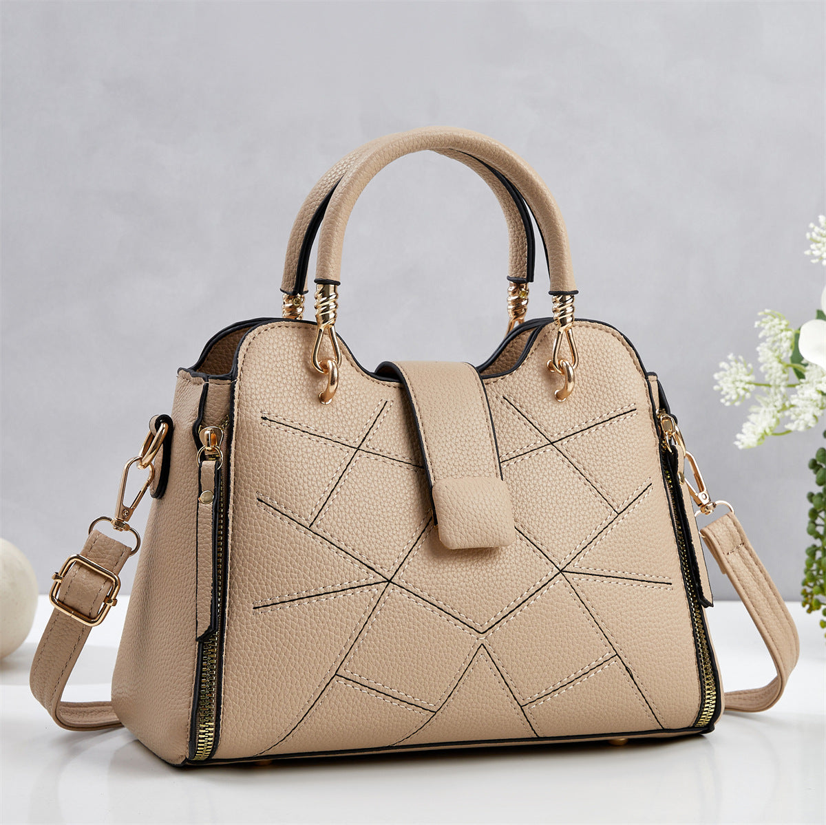 Elegant Mother Geometric Line Pressing Design Litchi Pattern Women's Handbag