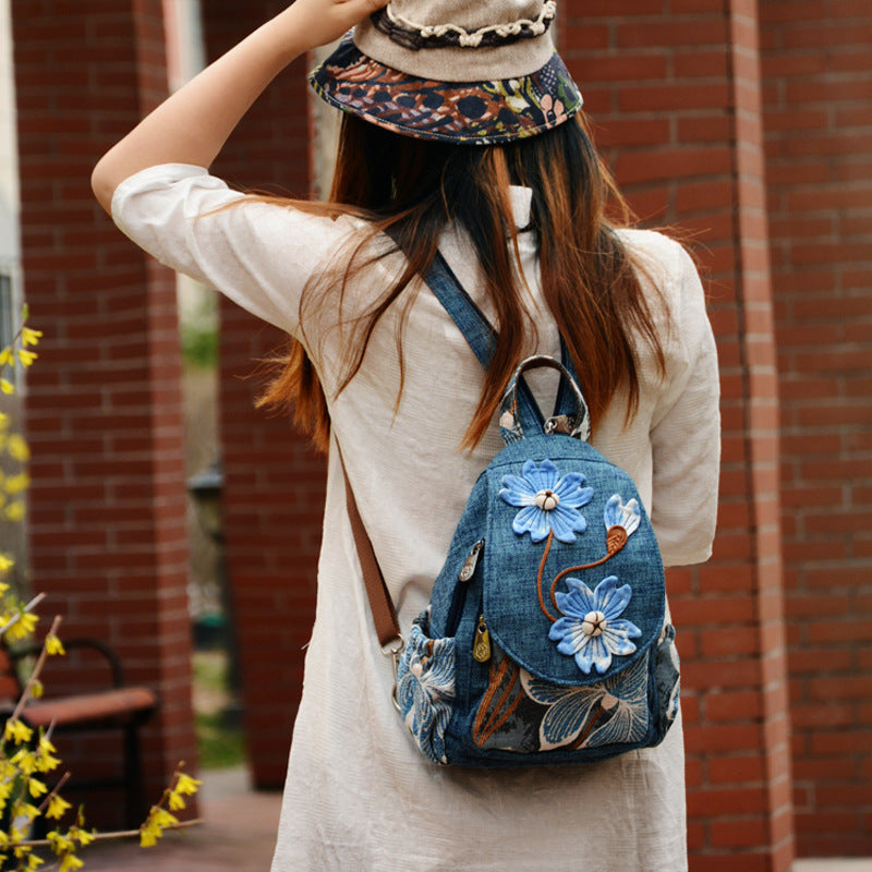 Women's Cotton Linen Canvas Ethnic Style Handicraft Blue Art Backpacks
