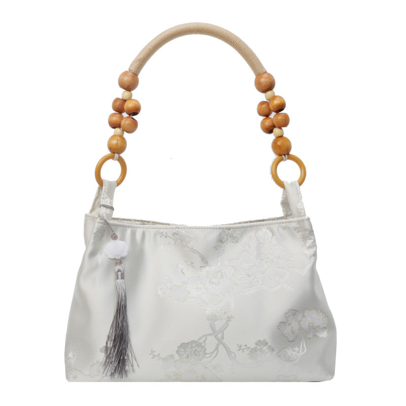 National Style Chinese Retro Embroidery Wooden Bead Western Women's Shoulder Bag