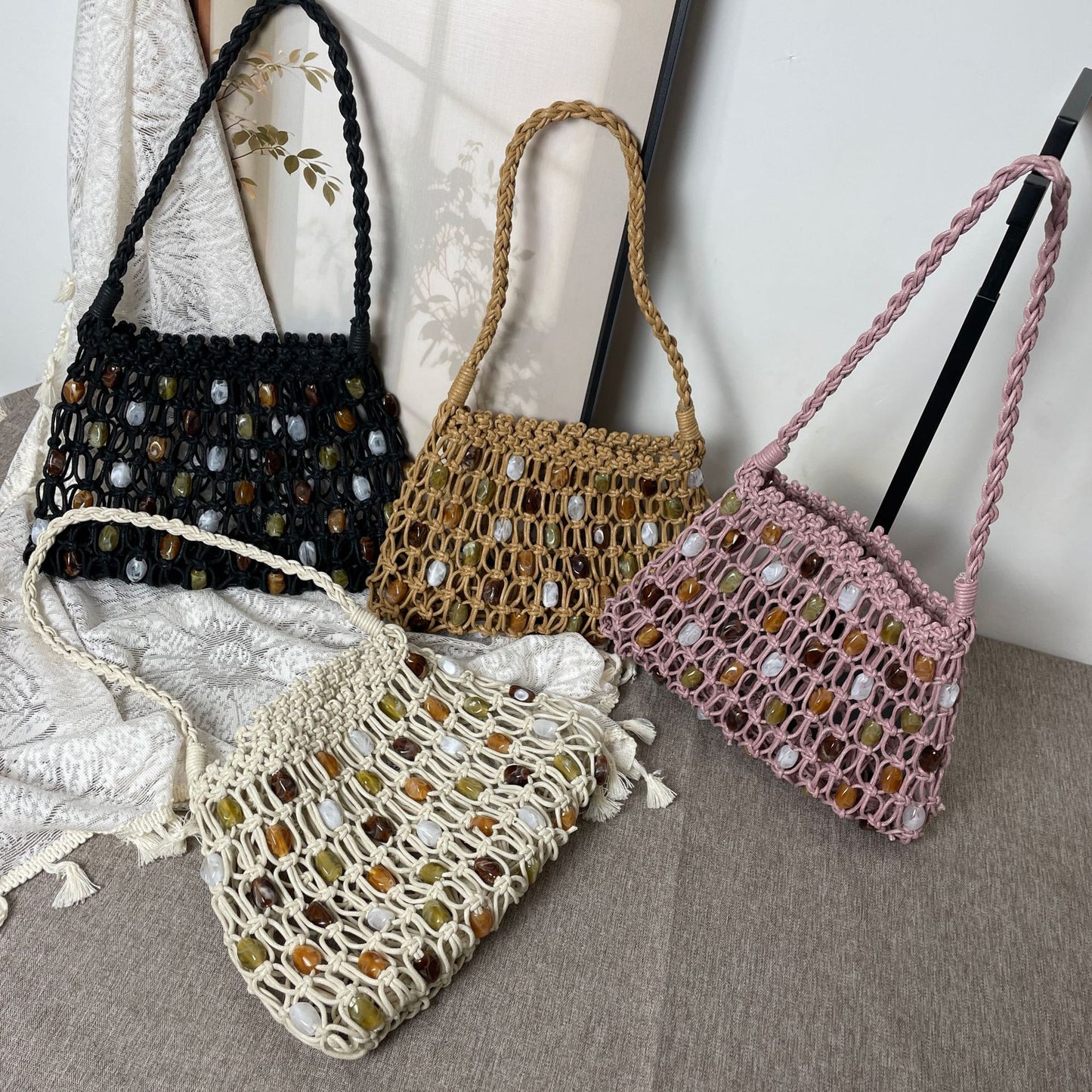 Ethnic Beaded Mesh Pocket Female Niche Wax Rope Woven High-grade Handbags