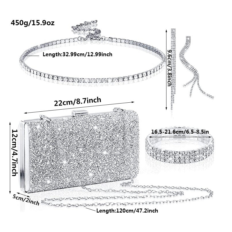 Bridal Rhinestone Necklace Tassel Eardrops Diamond Bracelet Dinner Bag