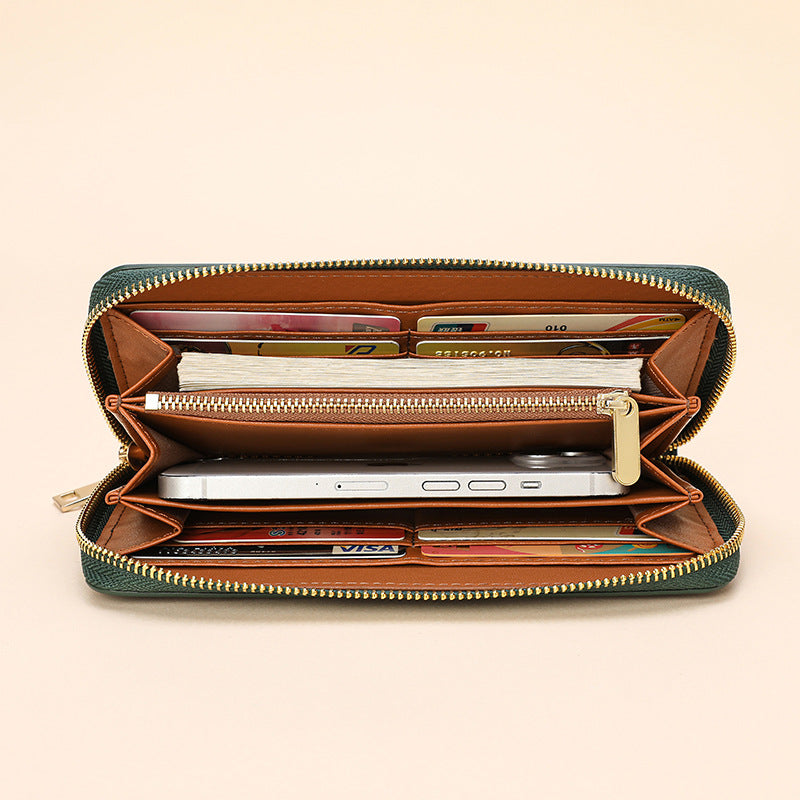 Women's Oil Wax Grain Cowhide Zip Long Genuine Leather Large Ladies Wallet