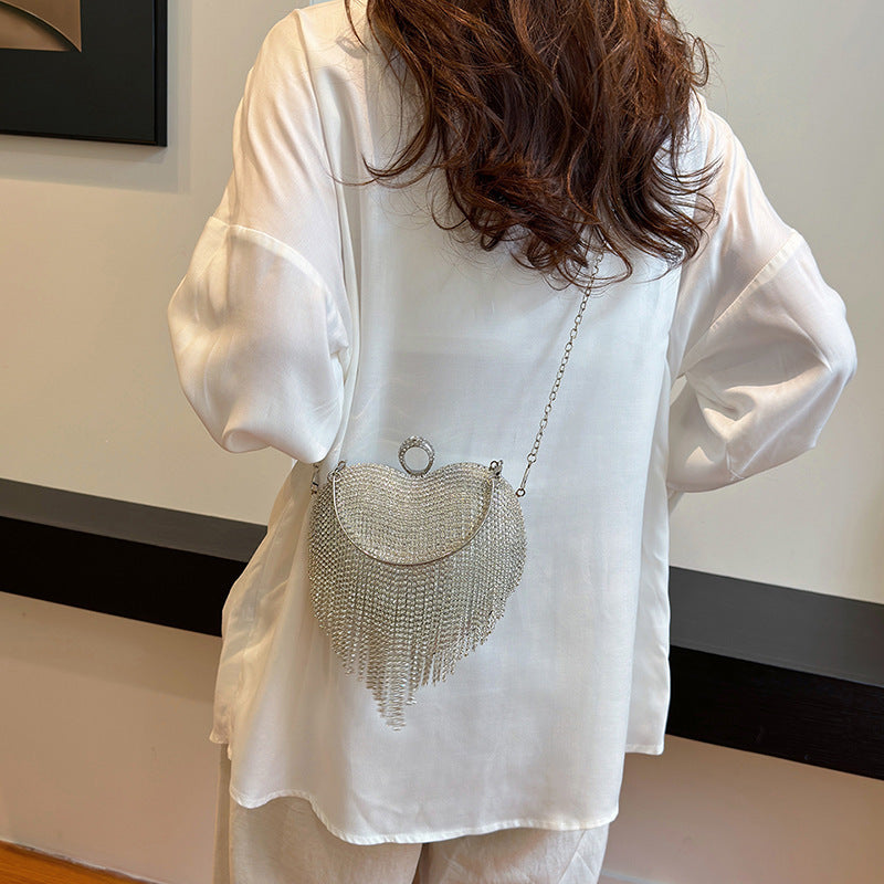 Women's Portable Rhinestone Heart High-grade Tassel Dinner Dress Women's Shoulder Bag