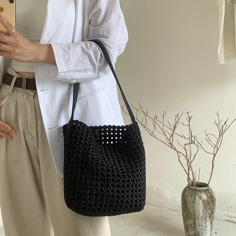 Women's Satin Straw Plaid Woven Portable Fishing Net Bags