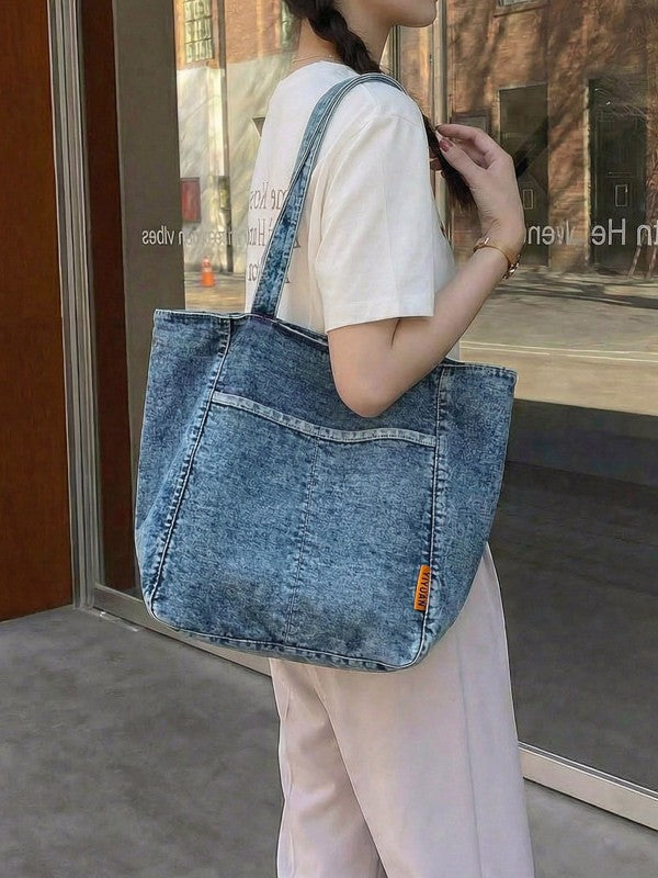 Simple Korean Style Solid Color Denim Versatile High Quality Women's Shoulder Bag