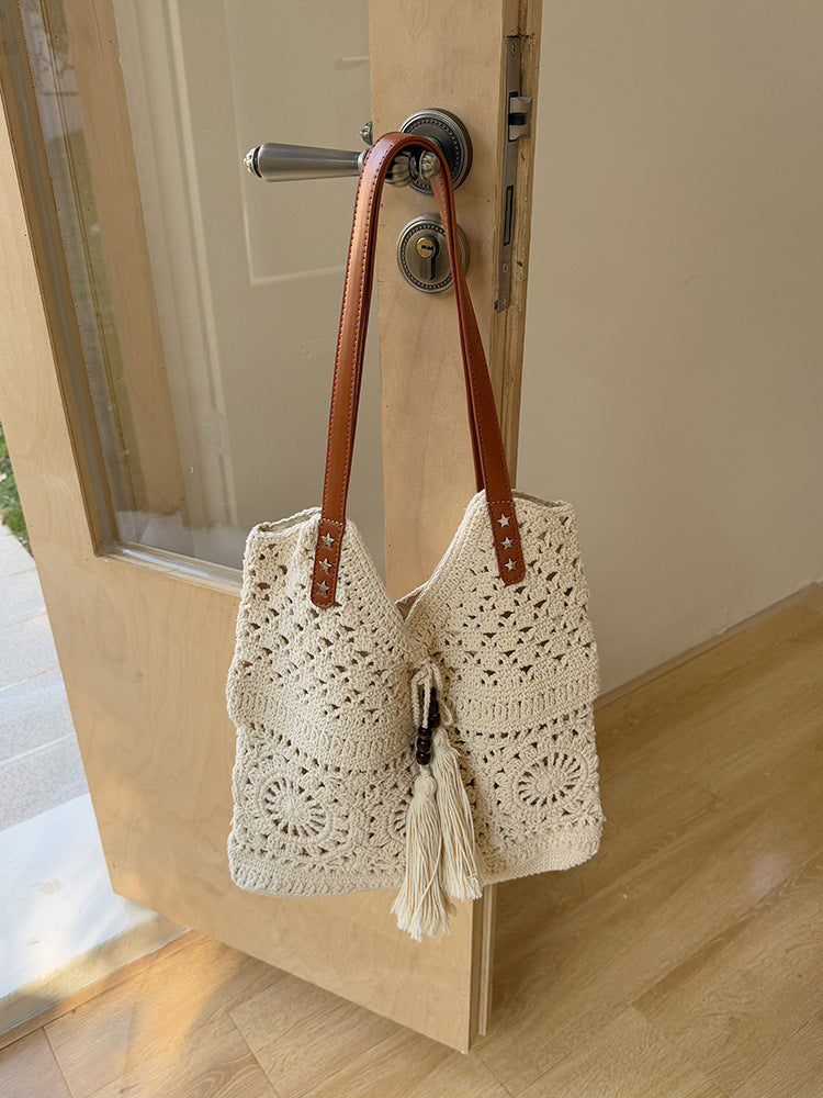 Women's Large Capacity Cotton Braided Hollow Mesh Seaside Vacation Tote Bags