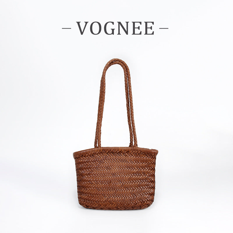 Genuine Leather French Food Basket Woven First Layer Cowhide Retro Small Square Bags