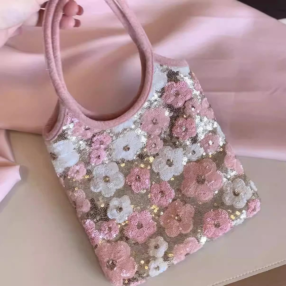 Women's Pink Embroidered Sequins Flower Gentle Sweet Bags