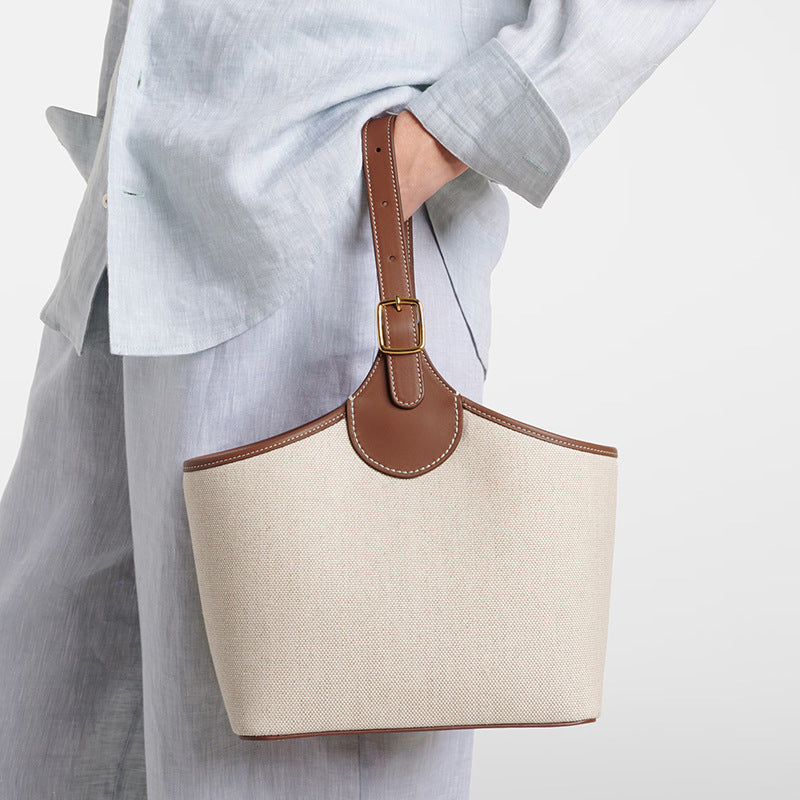 High Version Calfskin Linen Vegetable Basket Women's Handbag