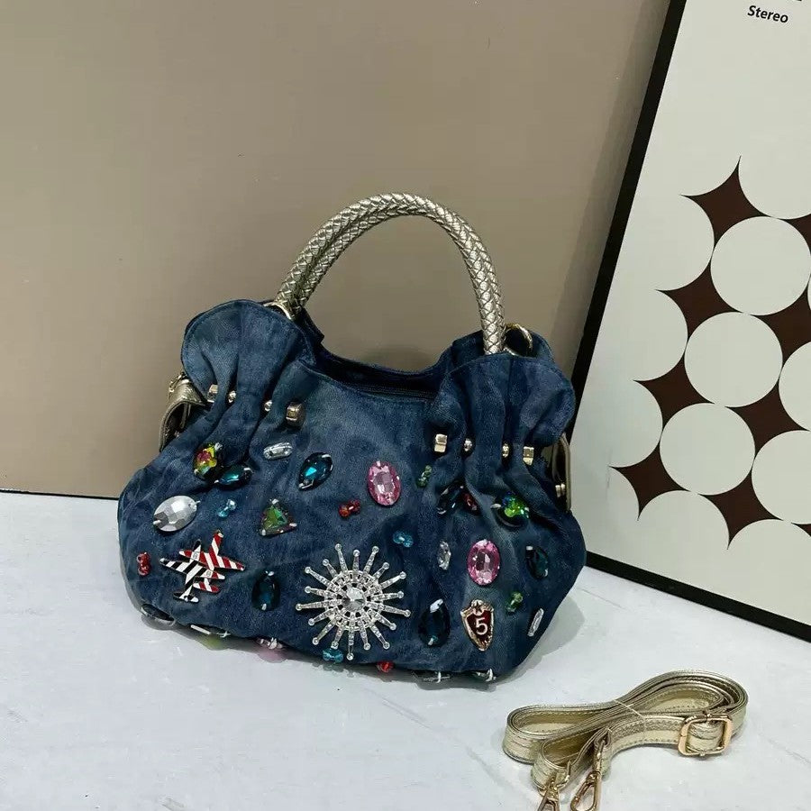 Women's Rhinestone Mini Fashion Diamond Canvas Denim Women's Shoulder Bag