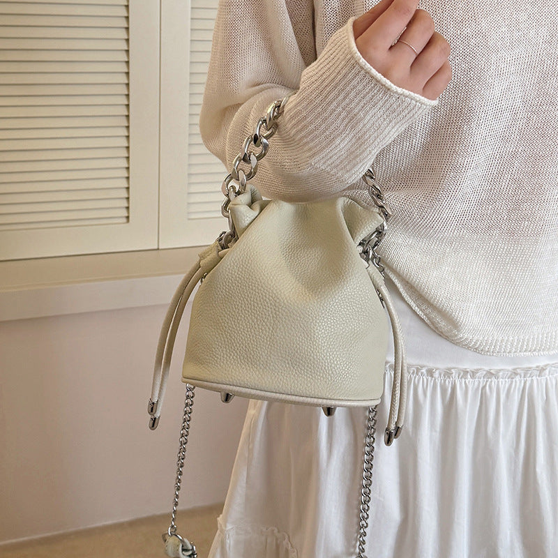 Women's Genuine Leather Fresh Simple Drawstring Fashionable High-grade Chain Cross Bucket Bags