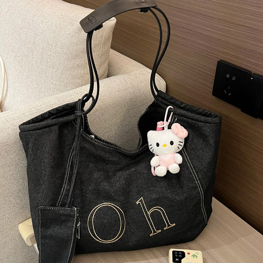 Women's Korean Style Retro Denim Large Capacity Letter Tote Bags