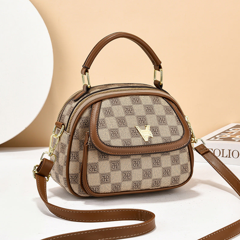 Women's Soft Leather Embossed Simple Round Large Women's Shoulder Bag