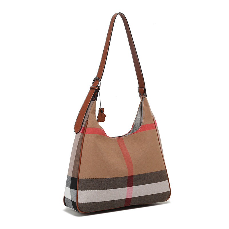 Women's Fashion Large Capacity Totes Plaid With Leather Shoulder Bags