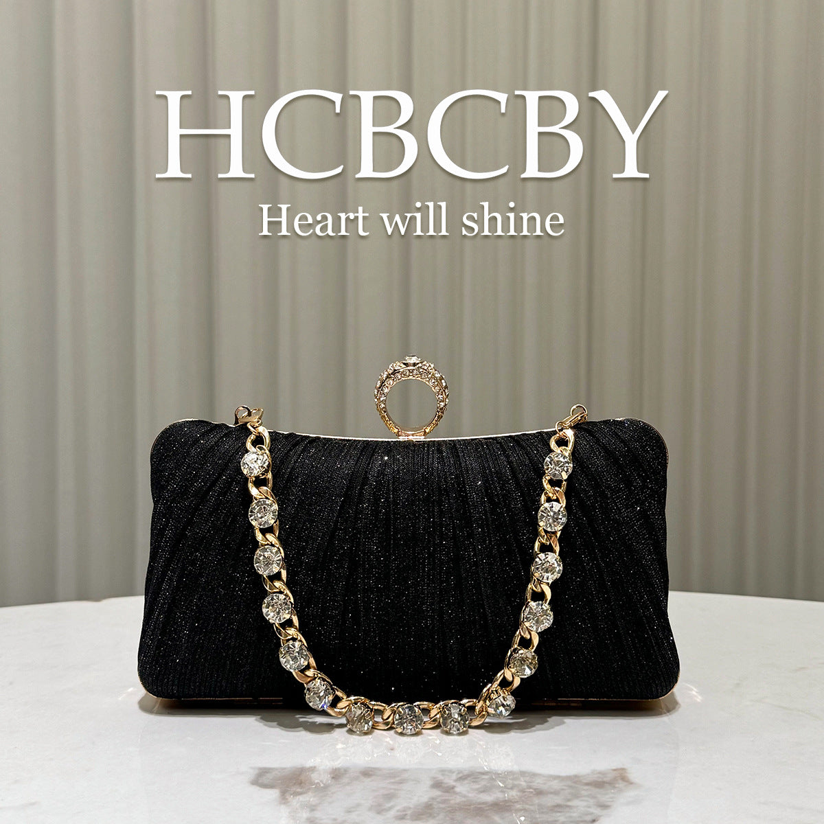 Women's Champagne Shiny Pleated Elegant Gorgeous Rhinestone Chain Clutch Fashion Dinner Bag