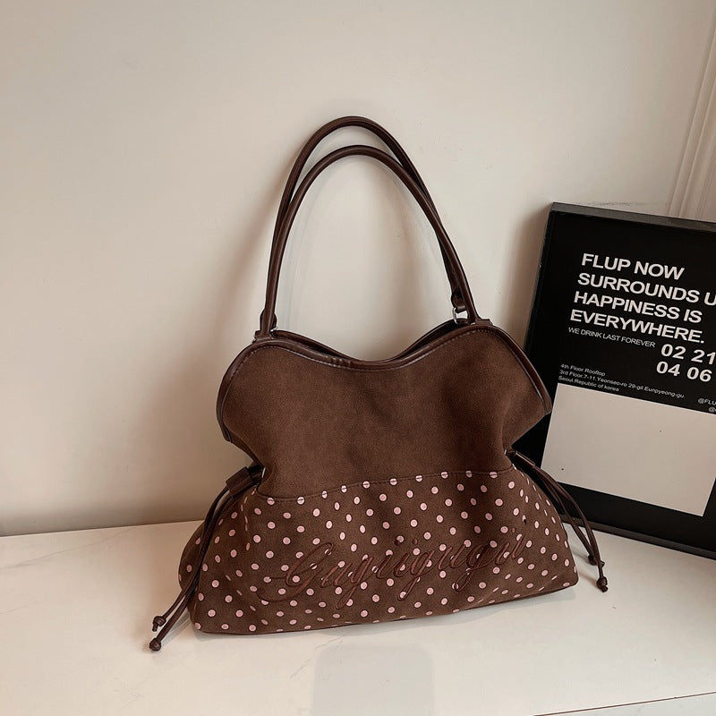 Women's Suede Polka Dot Stitching Drawstring Large Women's Messenger Bag