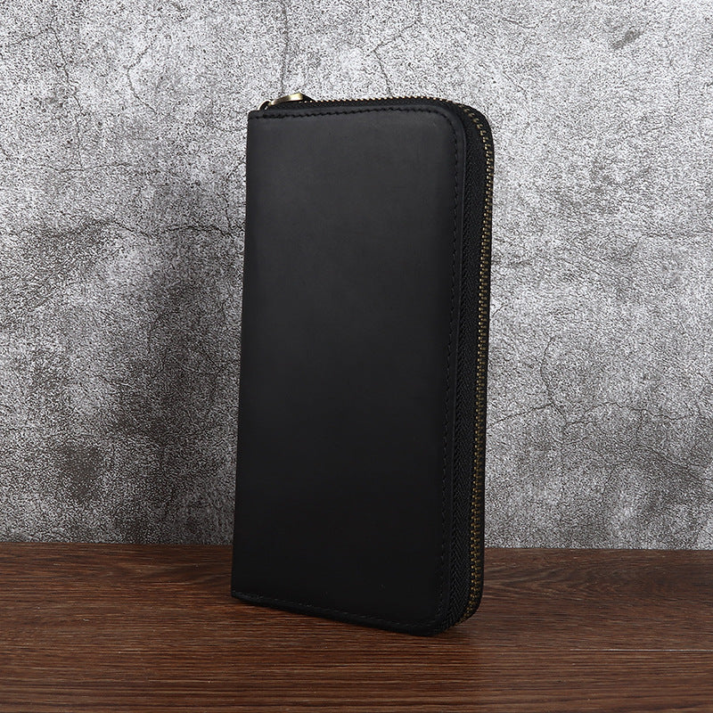 Men's Crazy Horse Leather First Layer Cowhide Zipper Long Retro Handmade Men's Clutch