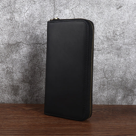 Men's Crazy Horse Leather First Layer Cowhide Zipper Long Retro Handmade Men's Clutch