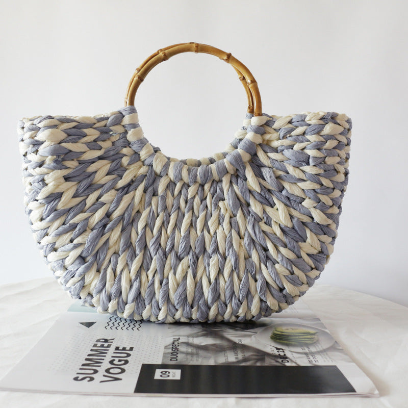 Bamboo Blue White Straw Woven Round Women's Handbag