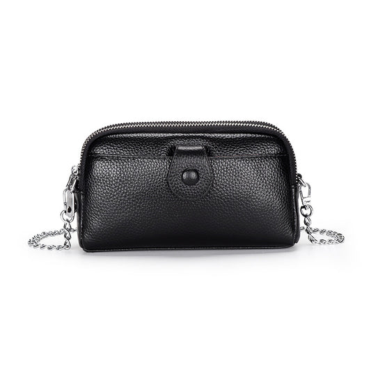 Women's Genuine Leather Chain Layer Cowhide Double Zipper Women's Clutch