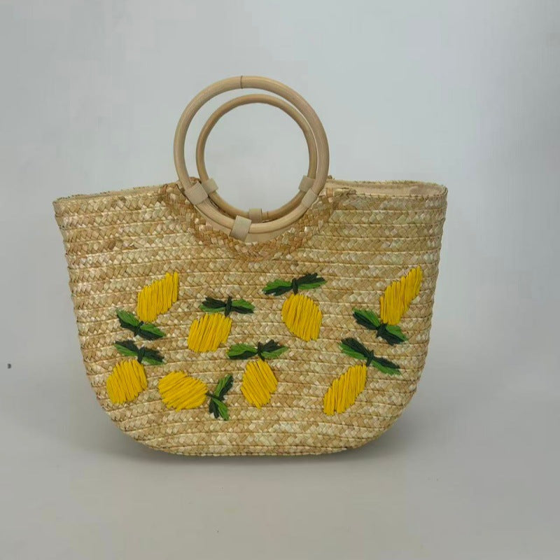 Lemon Semicircle Straw Braid Handmade Embroidery Market Vegetable Women's Shoulder Bag