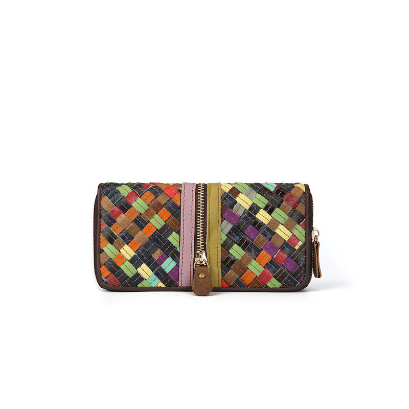 Authentic Leather Weave Color Matching Long Large Capacity Multiple Slots Ladies Wallet