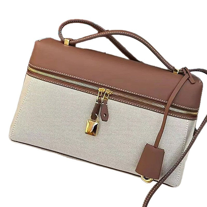 Real Leather Canvas Underarm Italian Zipper Women's Shoulder Bag