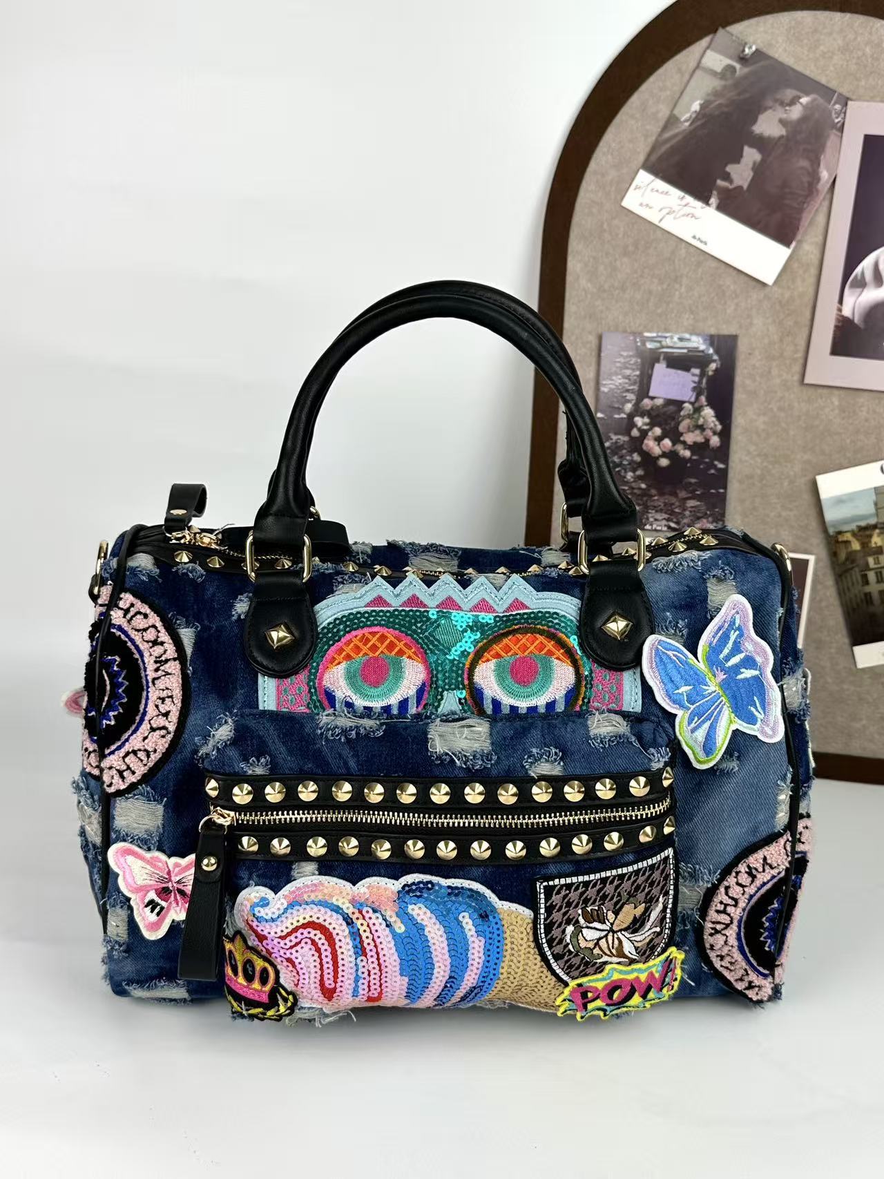 Women's Rivet Badge Embroidered Motorcycle Denim Fashion Korean Style Contrasting Color Women's Handbag