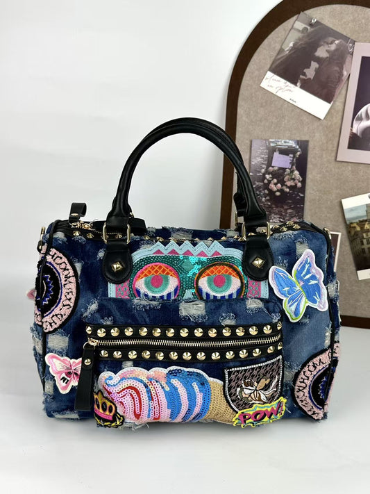 Women's Rivet Badge Embroidered Motorcycle Denim Fashion Korean Style Contrasting Color Women's Handbag