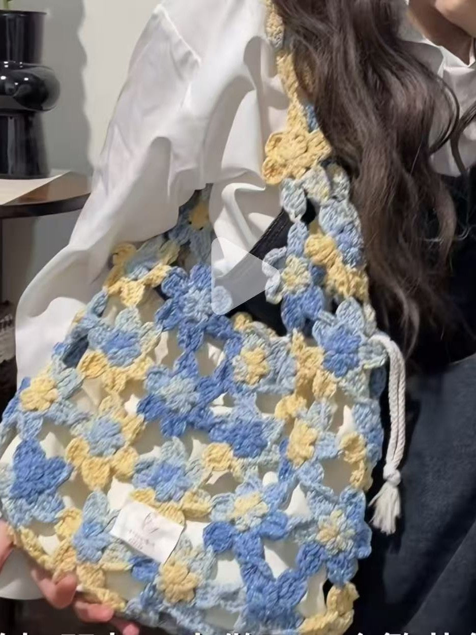 Spring Flower Stitching Hollow Wool Hand-woven Finished For Women's Shoulder Bag