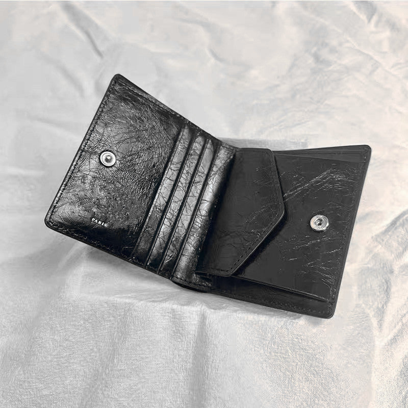 Women's & Men's Cowhide Fold Black Oil Wax Stitching Ladies Wallet