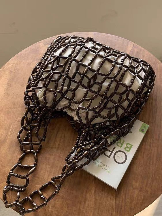 Women's Hand-woven String Wooden Bead Large Capacity Portable Niche Bags