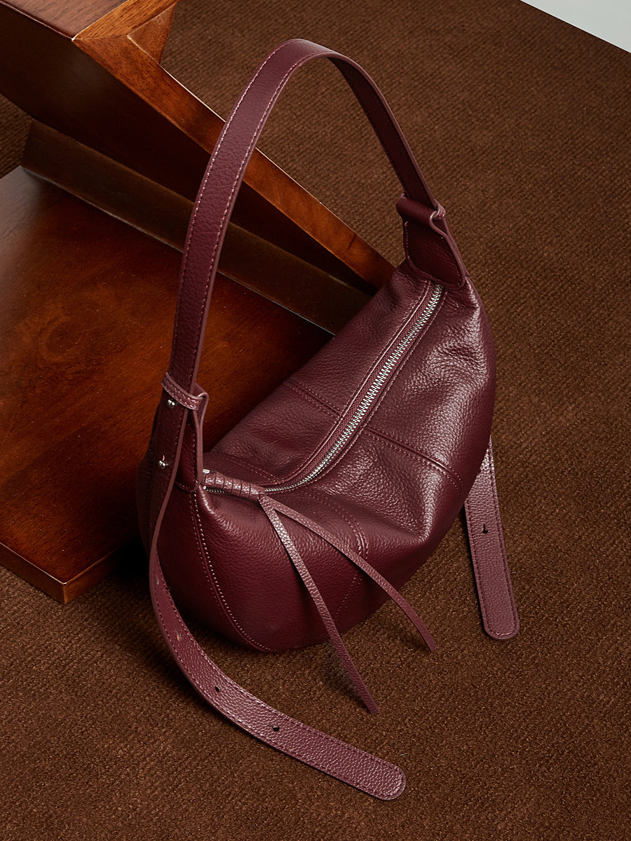 Women's Layer Cowhide Croissant Dumpling Genuine Leather Niche Practical Commuter Solid Bags