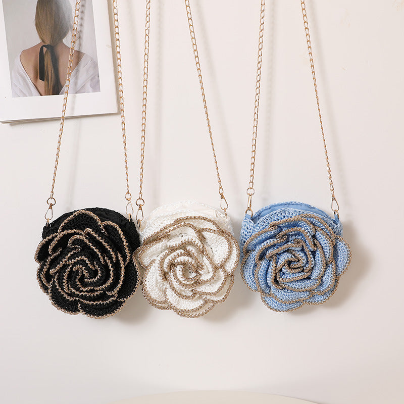 Penh Three-dimensional Camellia Straw Flowers Woven Seaside Women's Shoulder Bag