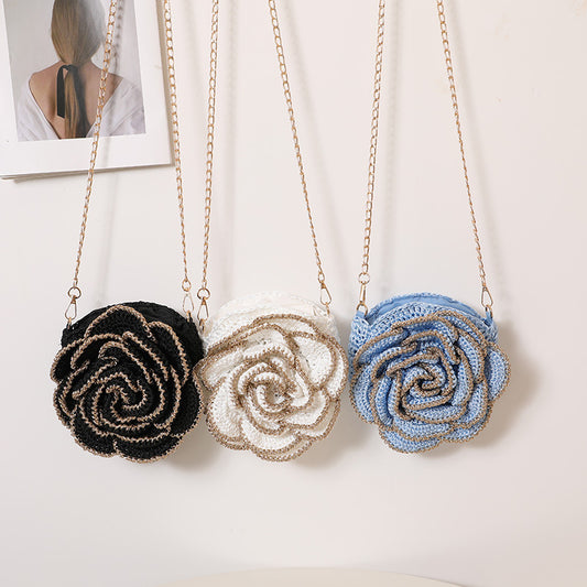Penh Three-dimensional Camellia Straw Flowers Woven Seaside Women's Shoulder Bag
