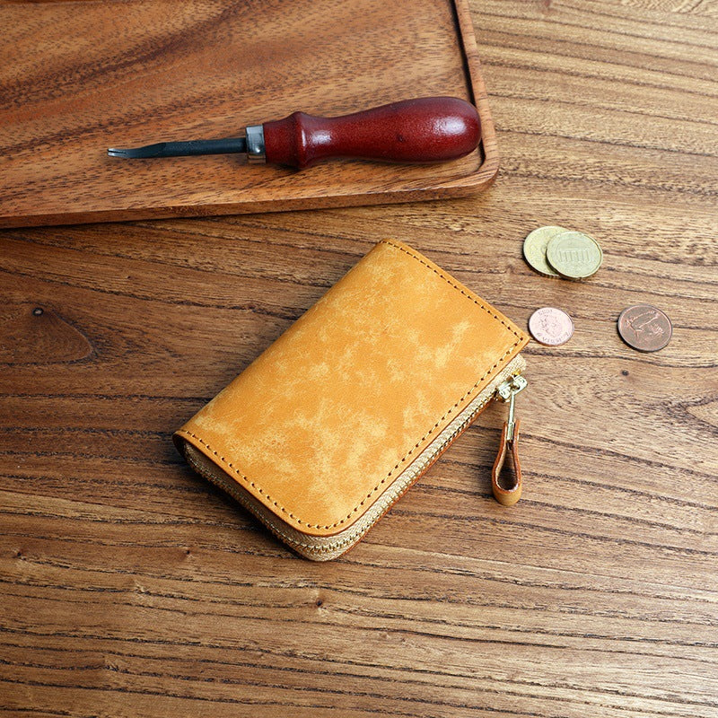 Frosted Short Zipper First Layer Cowhide Genuine Leather Men's Wallet