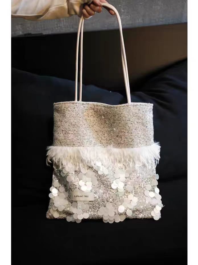 Commuter Sequined Large Capacity White Premium Design Light Shoulder Bags