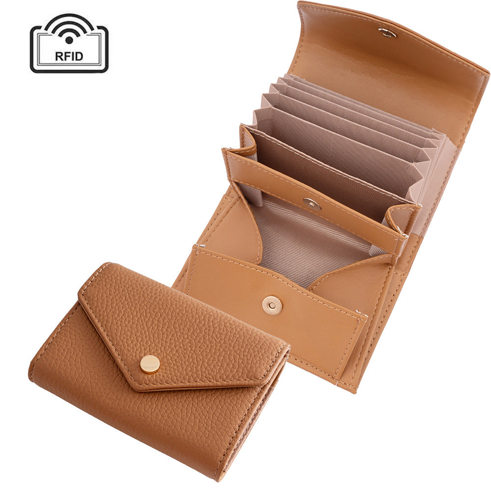 Women's Leather Swiping Multiple Slots Expanding Short Top Layer Cowhide Ladies Wallet