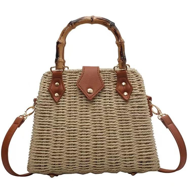 Women's Pastoral Style Straw Woven Summer Retro Portable Bamboo Handle