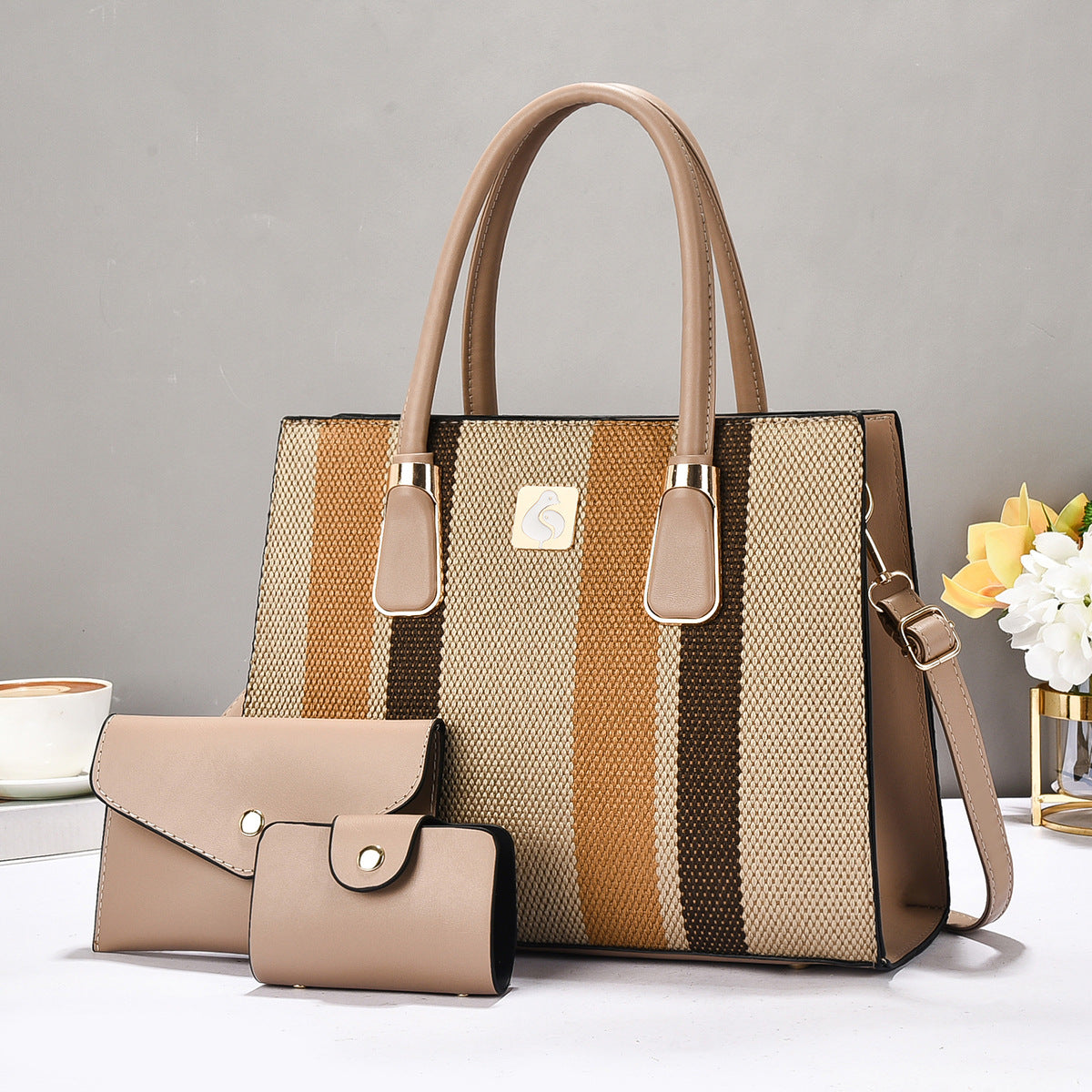 Durable Three-piece Striped Color-matching Versatile Fashion Women's Handbag