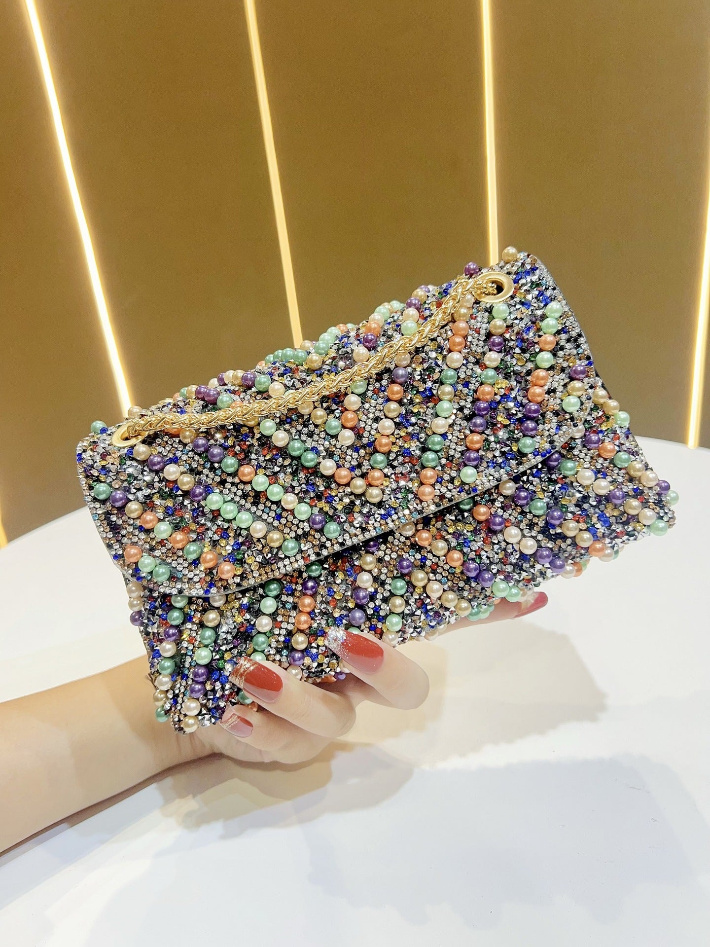 Style Vintage Pearl Rhinestone Banquet Shiny Not Smooth Flip Underarm Dinner Bag