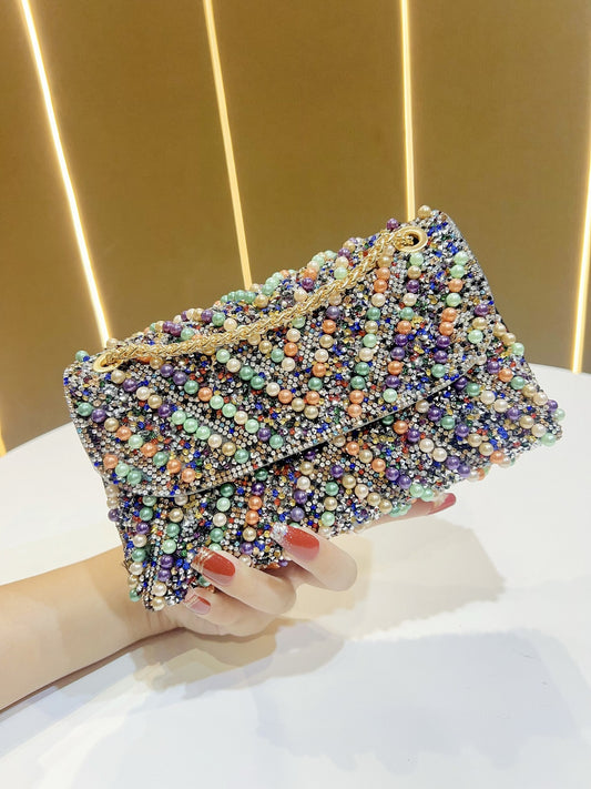 Style Vintage Pearl Rhinestone Banquet Shiny Not Smooth Flip Underarm Dinner Bag