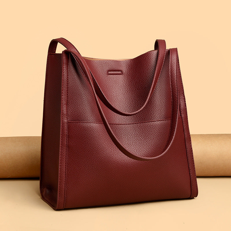 Women's Simple Commute Waterproof Soft Leather Shopping Bucket Bags