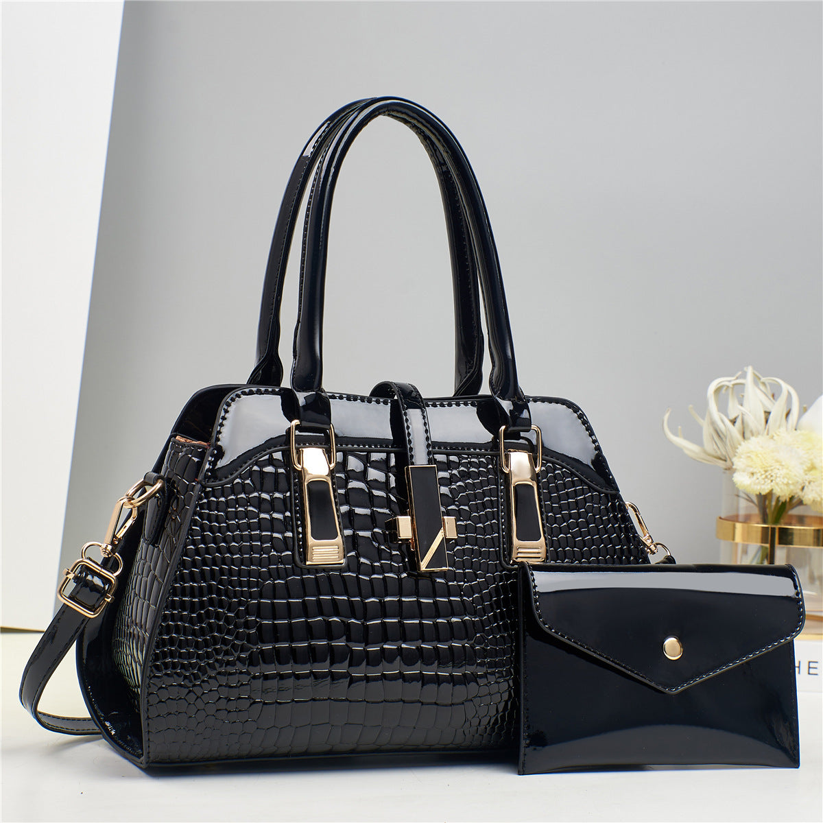 Women's Platinum Shining Leather Mother Crocodile Pattern Women's Handbag
